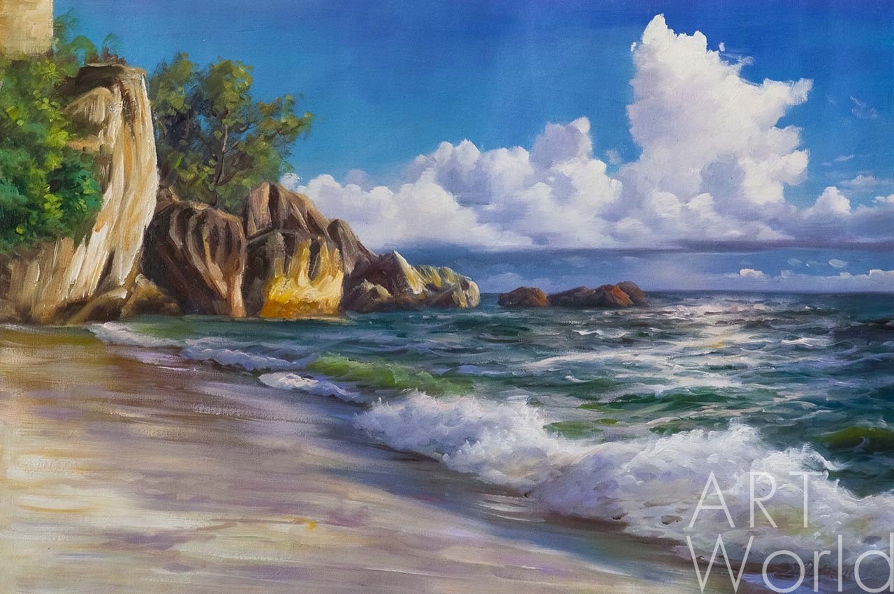 картина масло холст Морской пейзаж «Берег и волны. Прекрасный полдень», Лагно Дарья, LegacyArt