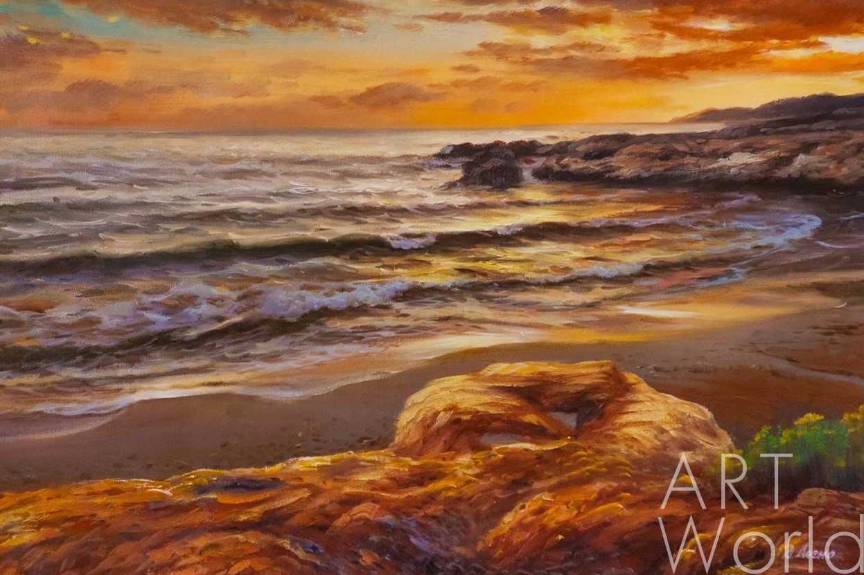 картина масло холст Морской пейзаж «Берег и волны. Закат», Лагно Дарья, LegacyArt