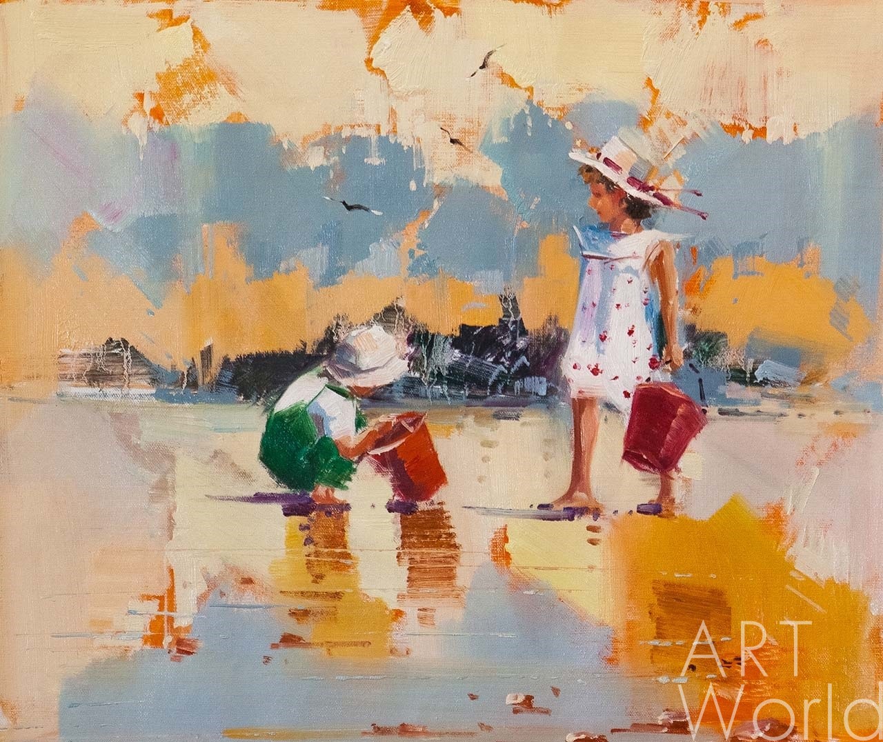 картина масло холст Пейзаж маслом "Дети на морском берегу. N11", Камский Савелий, LegacyArt