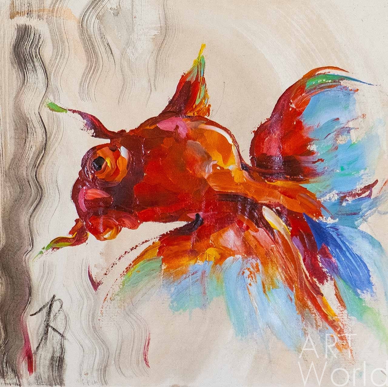 картина масло холст Картина маслом "Золотая рыбка. Красный телескоп", Родригес Хосе, LegacyArt Артворлд.ру