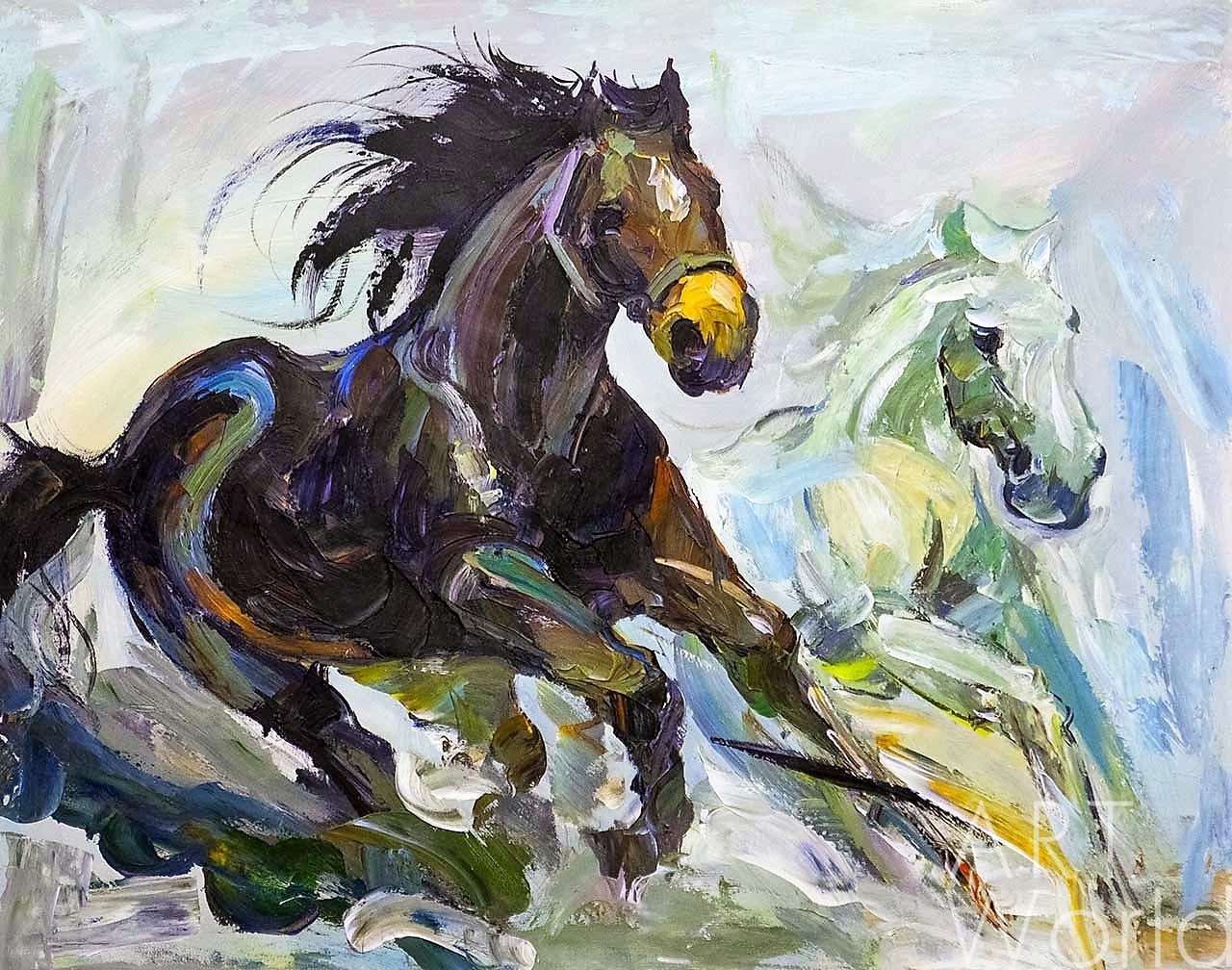 картина масло холст Картина маслом "Лошади. Навстречу ветру", Родригес Хосе, LegacyArt