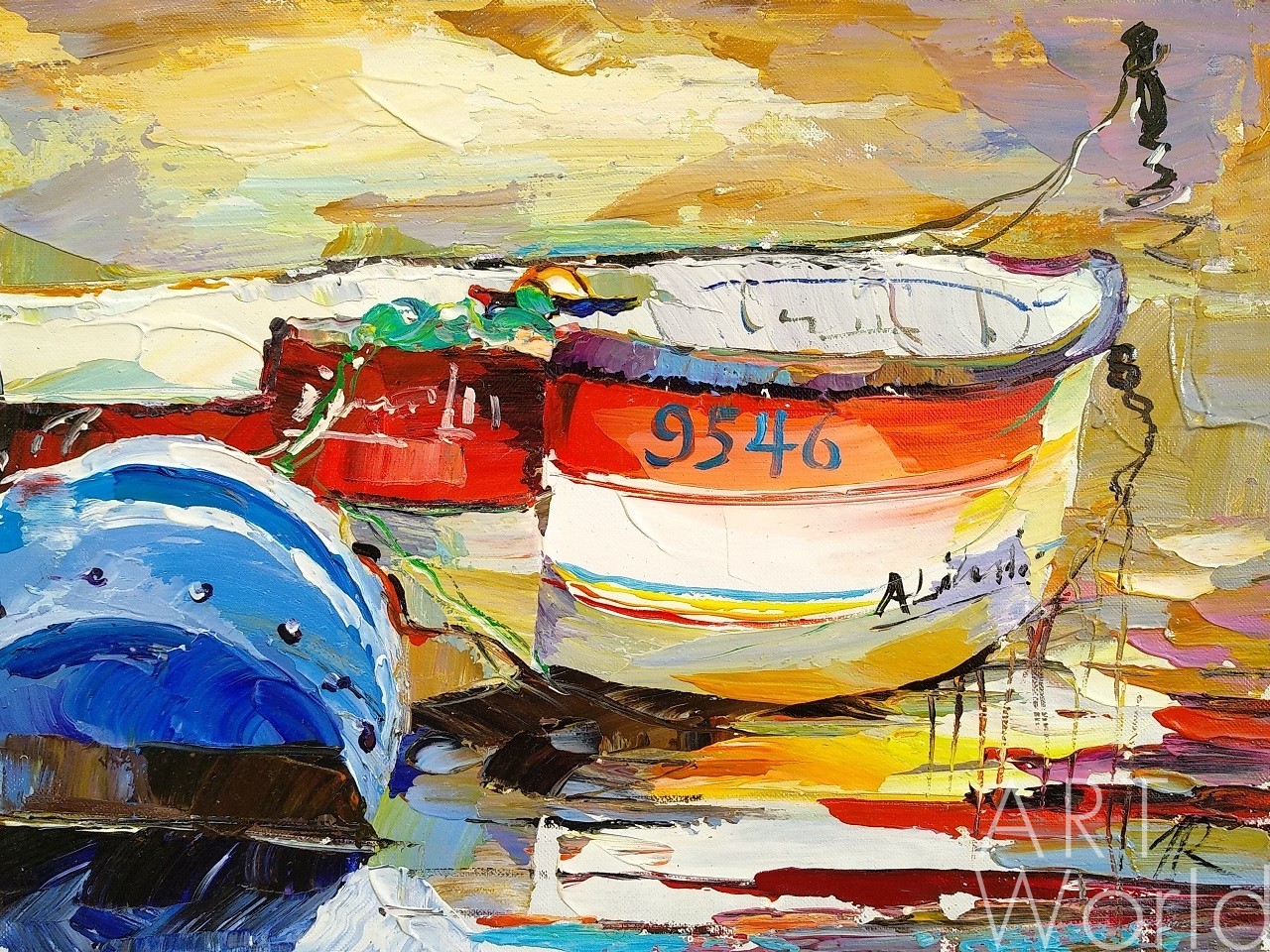 картина масло холст Морской пейзаж маслом "Лодки на воде N5", Родригес Хосе, LegacyArt Артворлд.ру