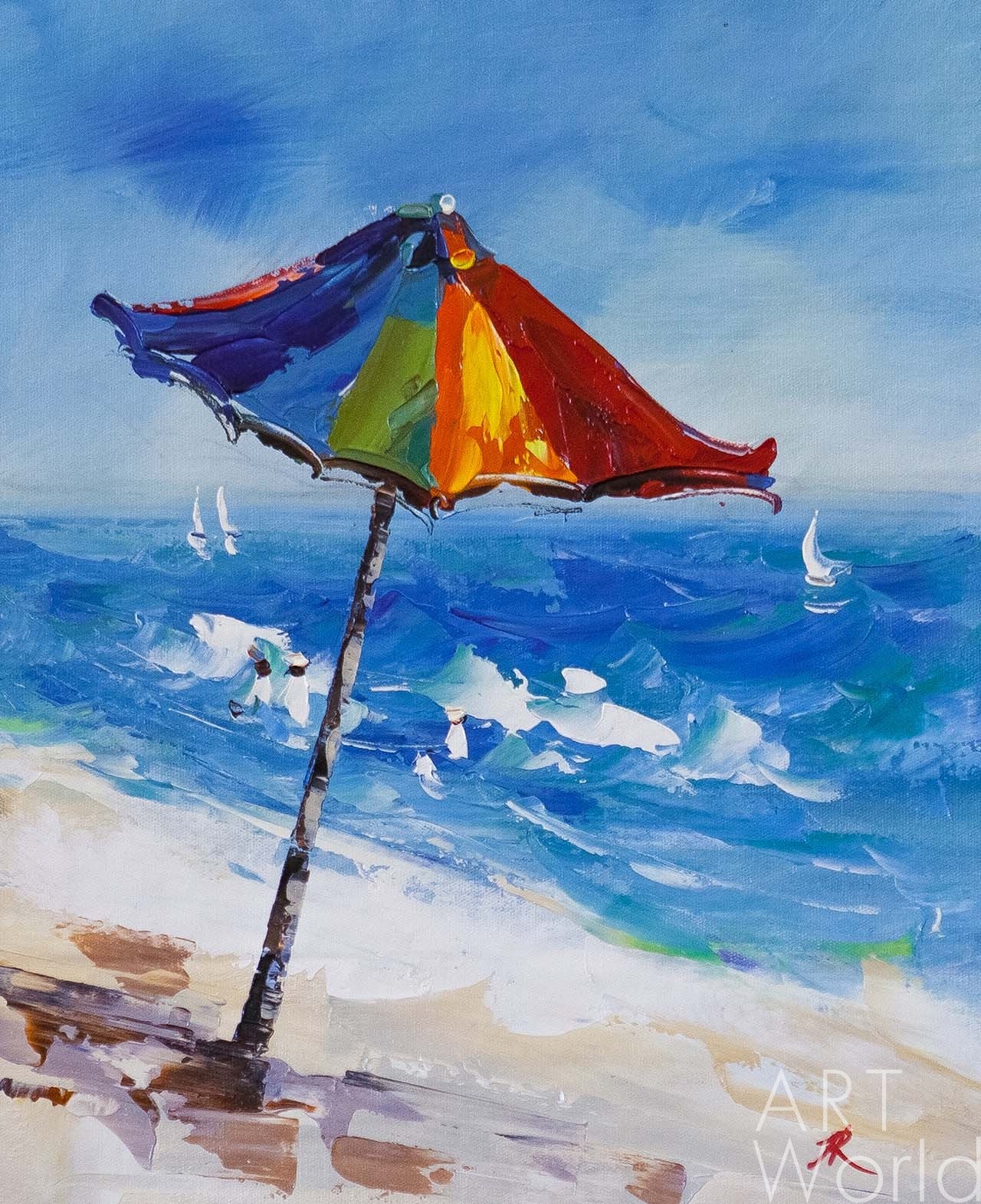 картина масло холст Морской пейзаж маслом "Пляжные истории. Зонт", Родригес Хосе, LegacyArt
