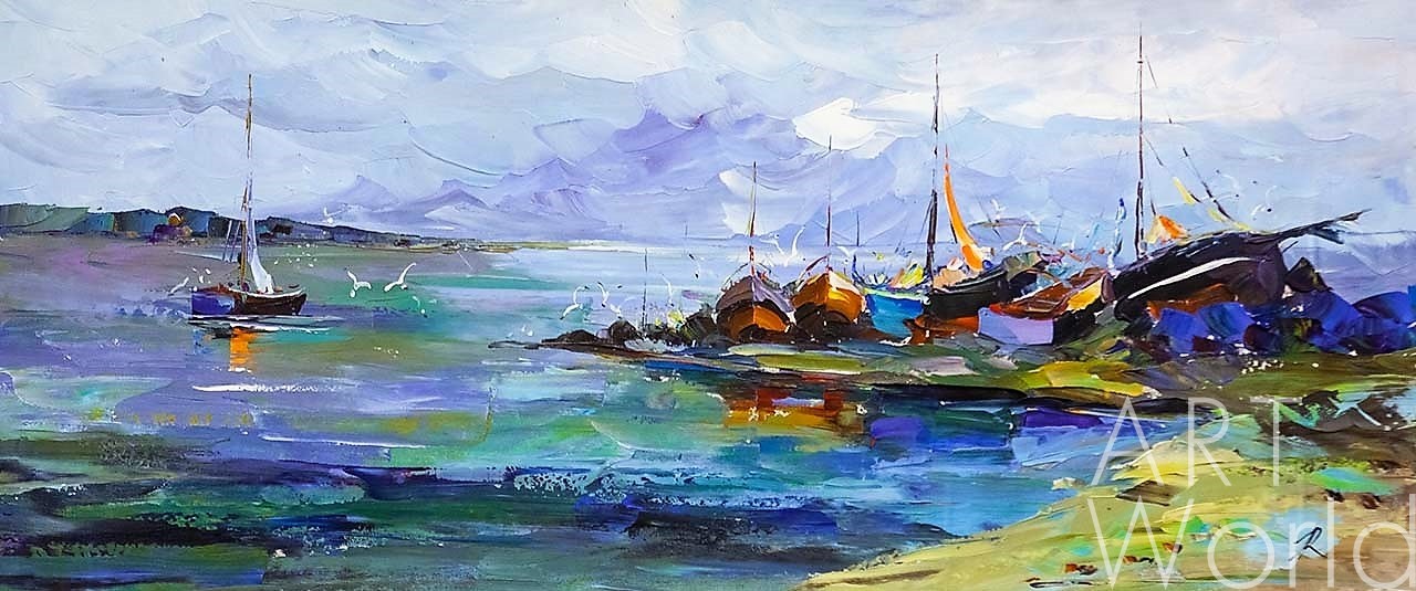 картина масло холст Морской пейзаж маслом "Рыбачьи лодки на берегу", Родригес Хосе, LegacyArt Артворлд.ру