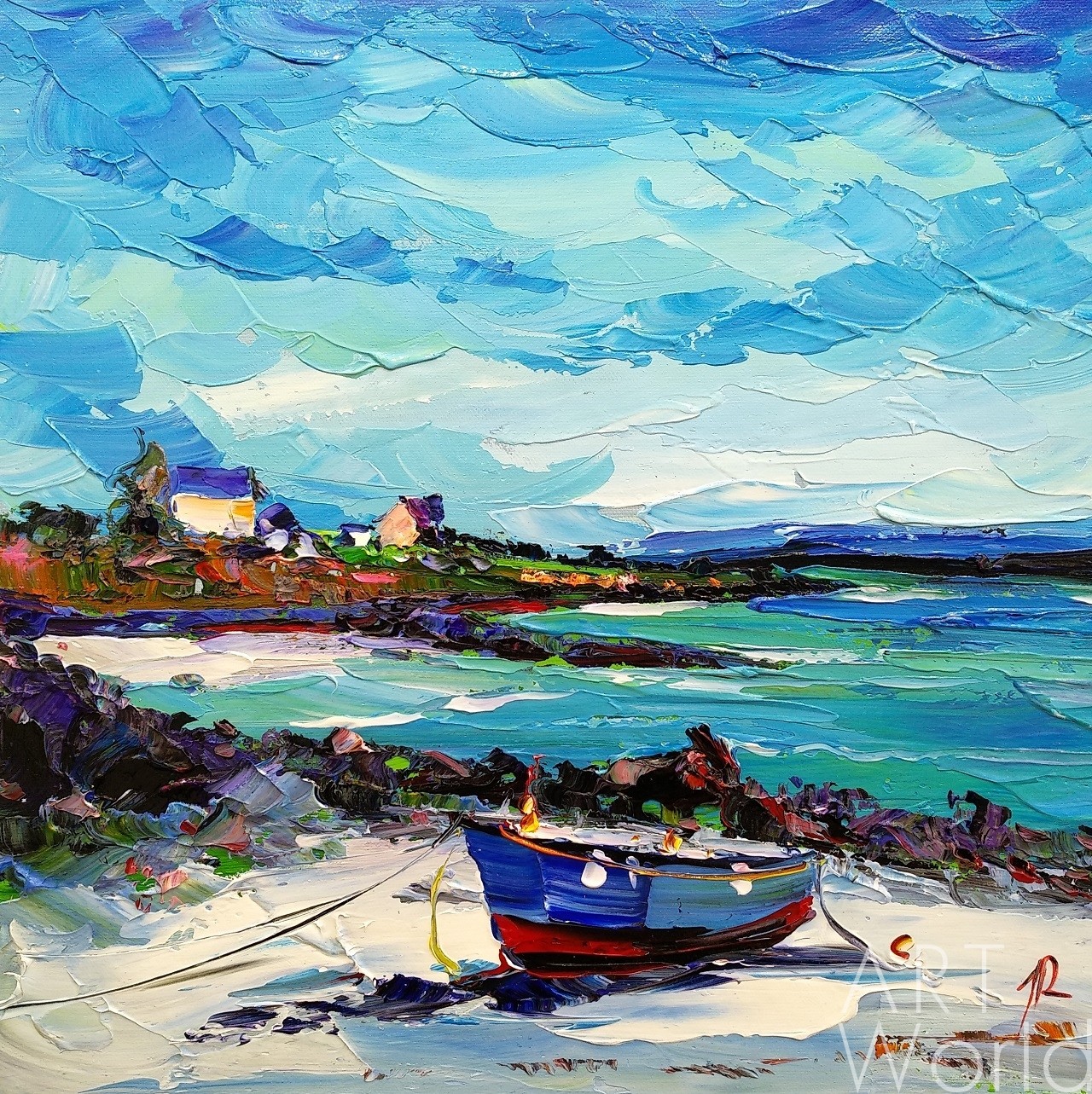 картина масло холст Картина маслом "Синяя лодка на песчаном берегу", Родригес Хосе, LegacyArt
