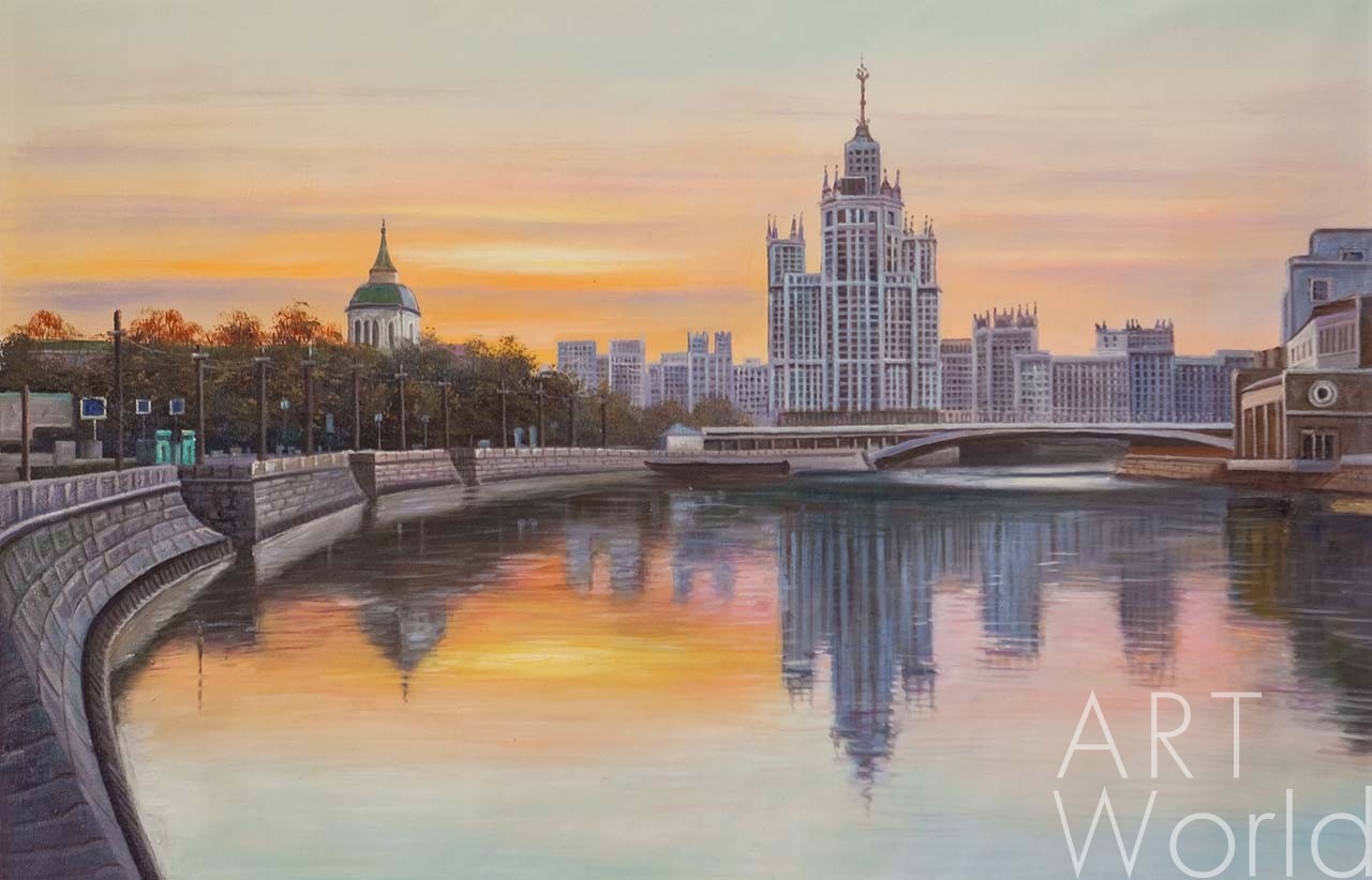 Картина Картина маслом Высотка на Котельнической набережной на фоне  рассвета 60x90 AR180616 купить в Москве