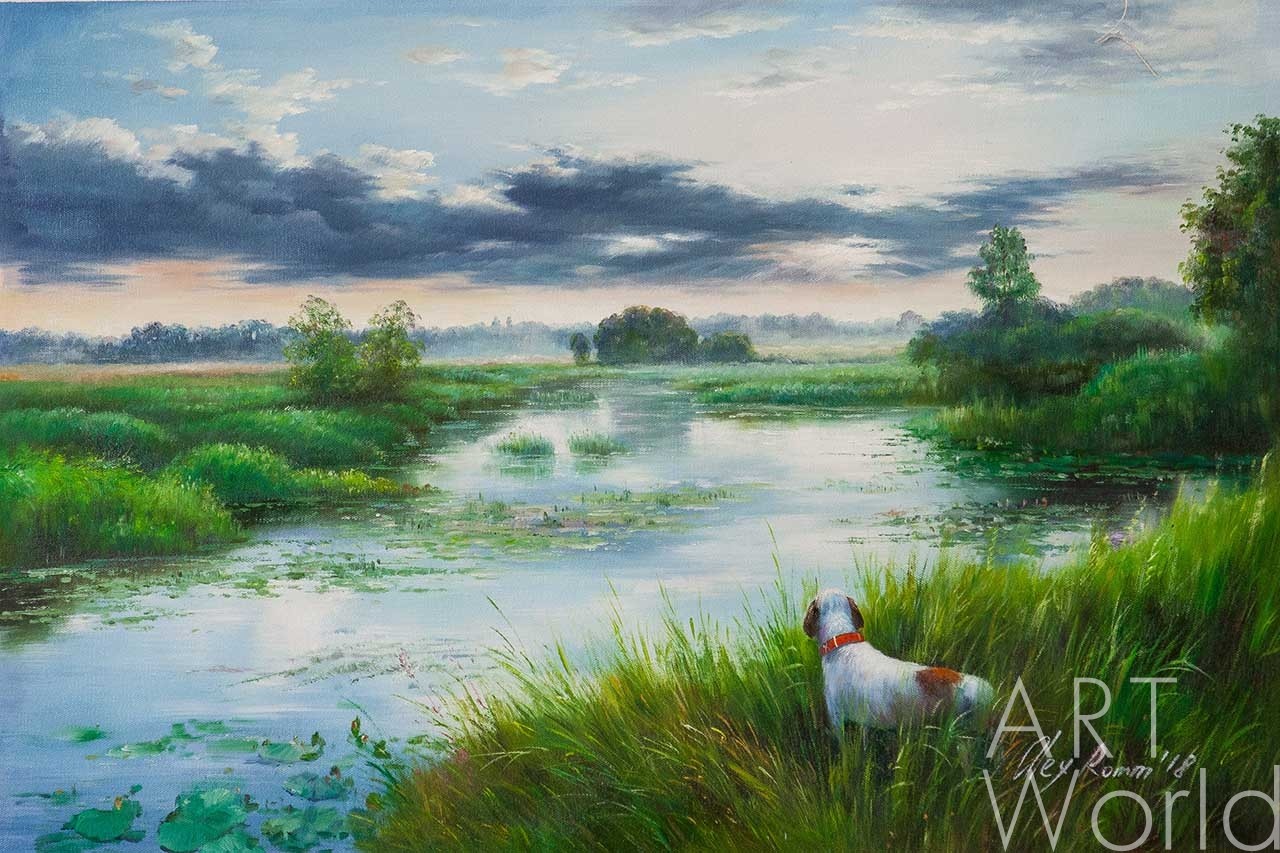 Картина маслом, пейзаж "Утро на реке"