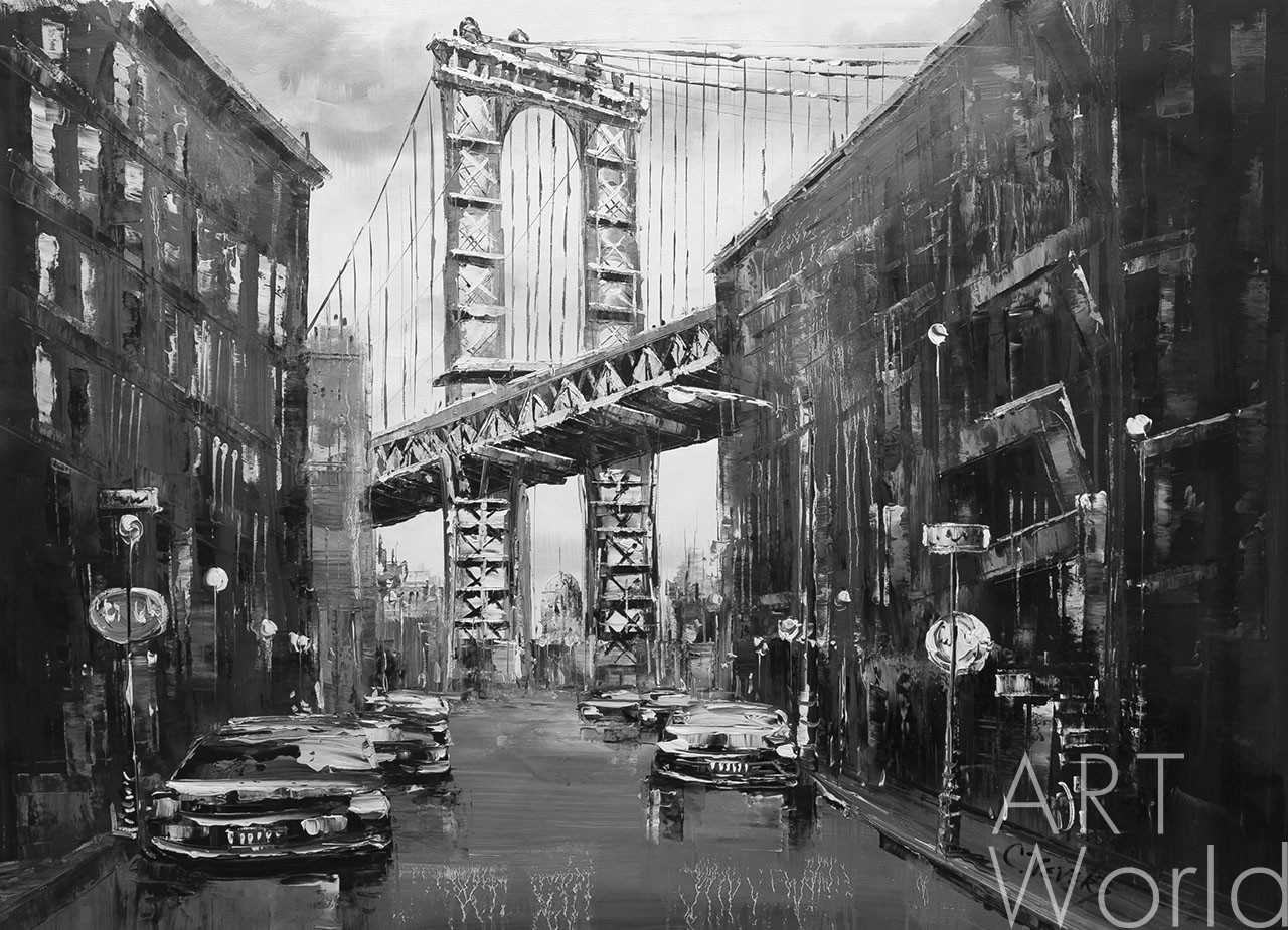 картина масло холст Городской пейзаж маслом "Нью-Йорк. Бруклинский мост.  Монохром", Виверс Кристина, LegacyArt Артворлд.ру