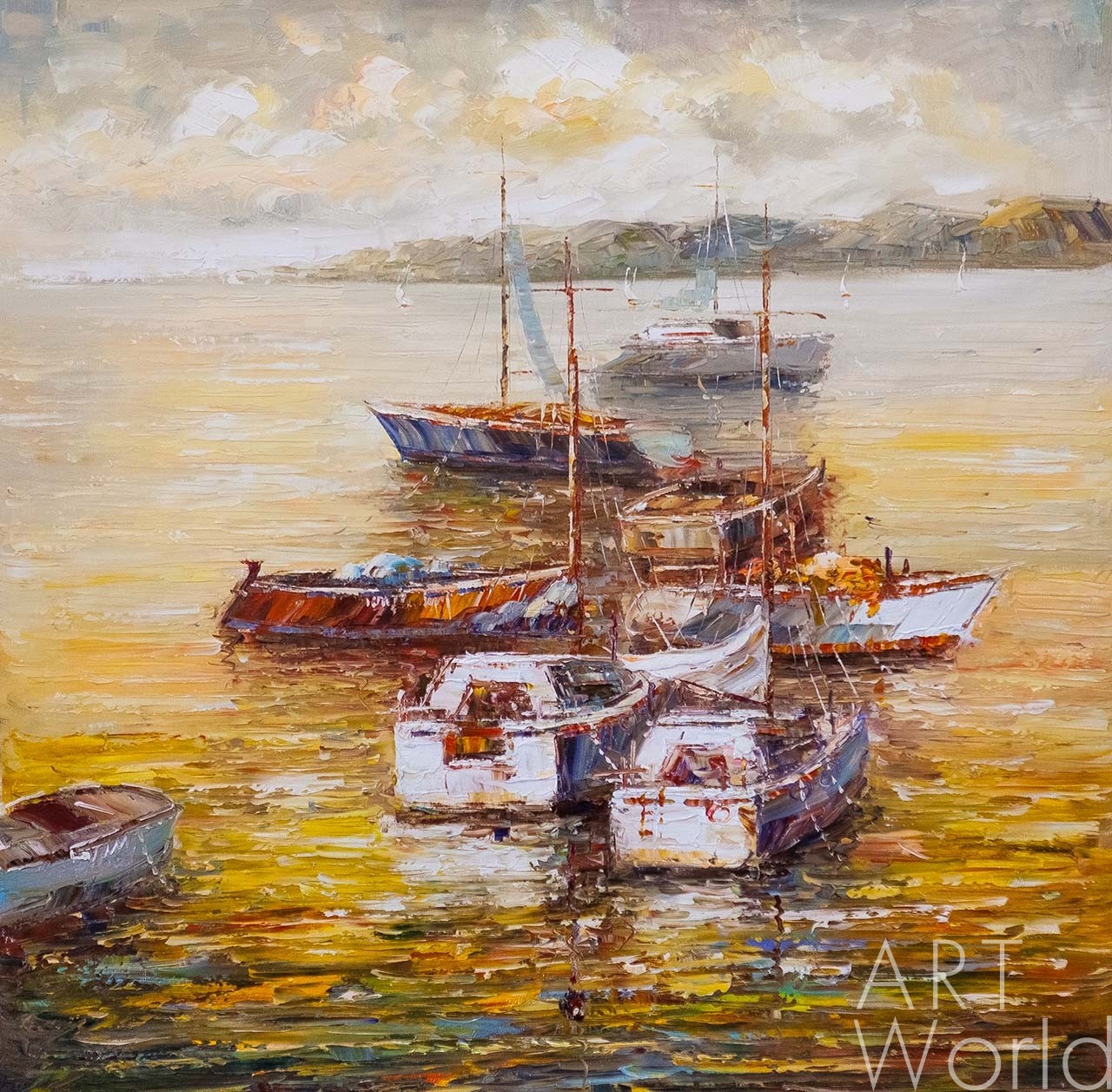 картина масло холст Пейзаж морской маслом "Лодки в закатном заливе N4", Виверс Кристина, LegacyArt
