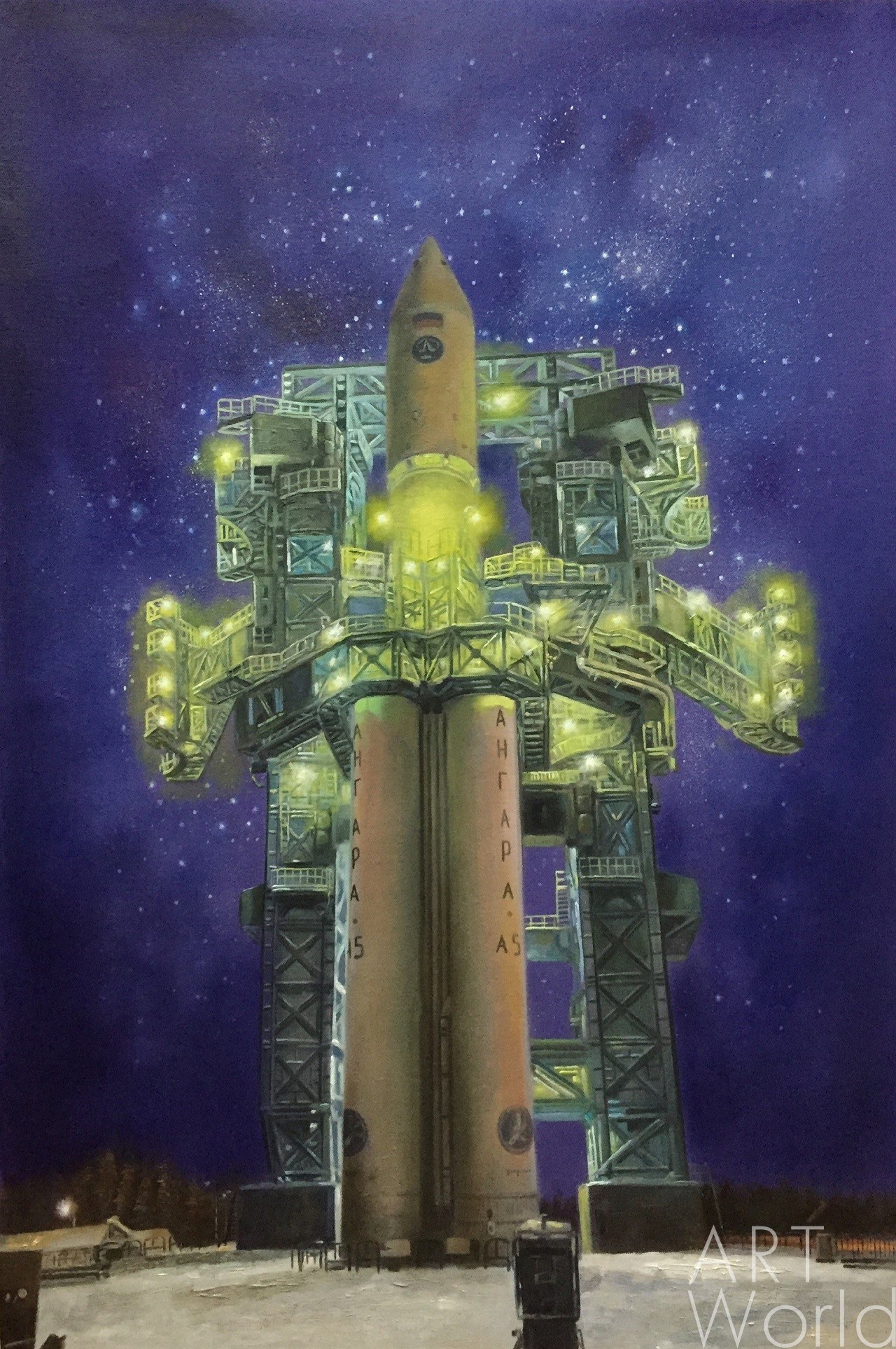 картина масло холст Картина маслом "Запуск ракеты «Ангара»", Камский Савелий, LegacyArt
