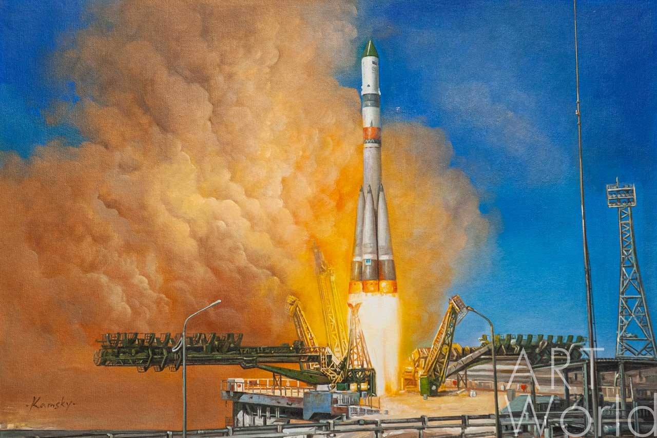 картина масло холст Картина маслом "Запуск ракеты «Союз-2»", Камский Савелий, LegacyArt
