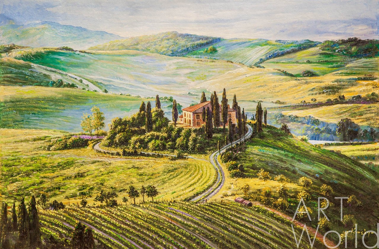 картина масло холст Пейзаж маслом "Живописные поля Тосканы", Камский Савелий, LegacyArt