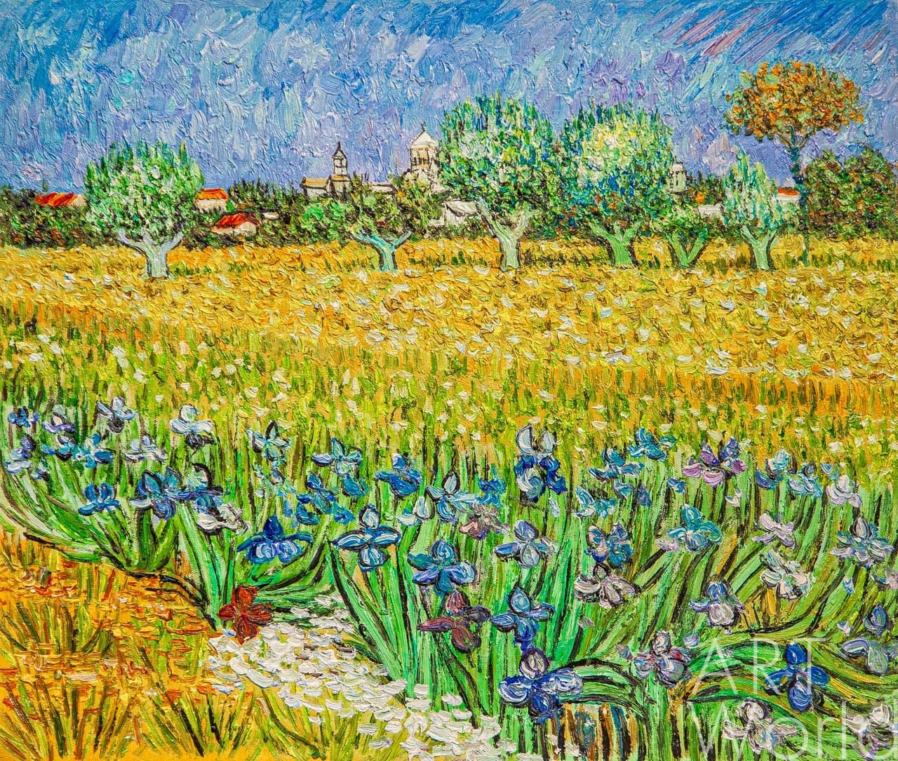 картина масло холст Копия картины Ван Гога "Вид на Арль с ирисами на переднем плане" (копия Анджея Влодарчика), Ван Гог (Vincent van Gogh) Артворлд.ру