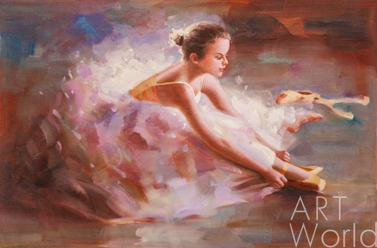 картина масло холст Картина маслом "Маленькая балерина, завязывающая пуанты", Студия Vevers & Kamsky Артворлд.ру