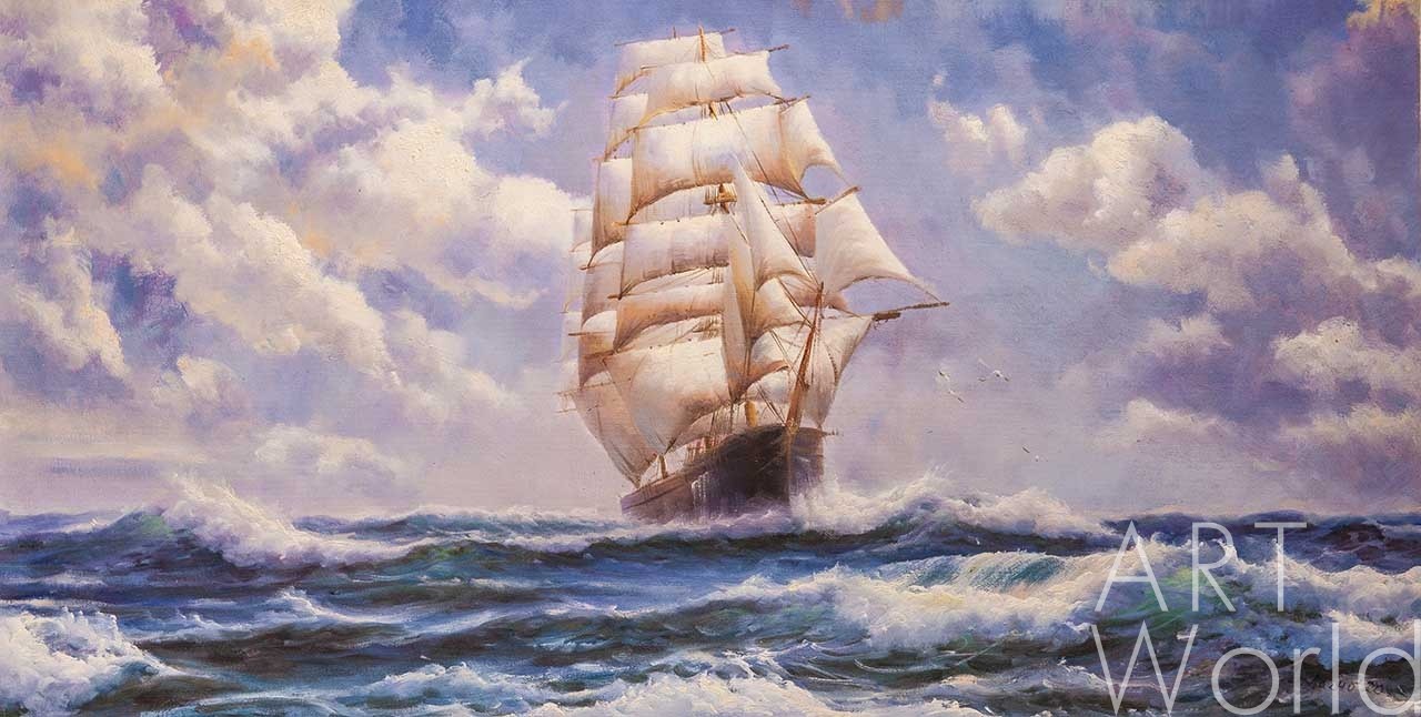 картина масло холст Морской пейзаж маслом "Корабль на гребне волны", Лагно Дарья, LegacyArt