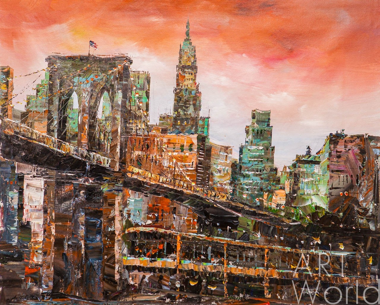 картина масло холст Картина маслом "Бруклинский мост. Закат", Родригес Хосе, LegacyArt Артворлд.ру