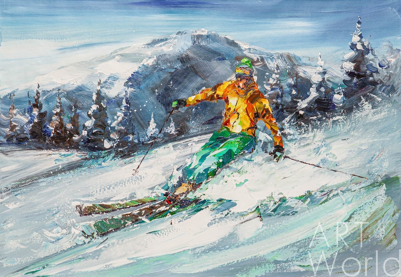 картина масло холст Картина маслом "Лыжник. Спускаясь с горы", Родригес Хосе, LegacyArt Артворлд.ру