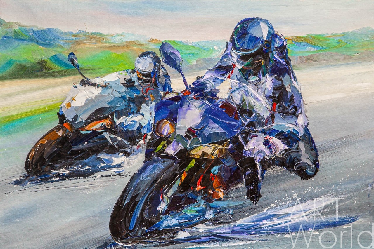 картина масло холст Картина маслом "Мотоциклисты. Жажда скорости", Родригес Хосе, LegacyArt