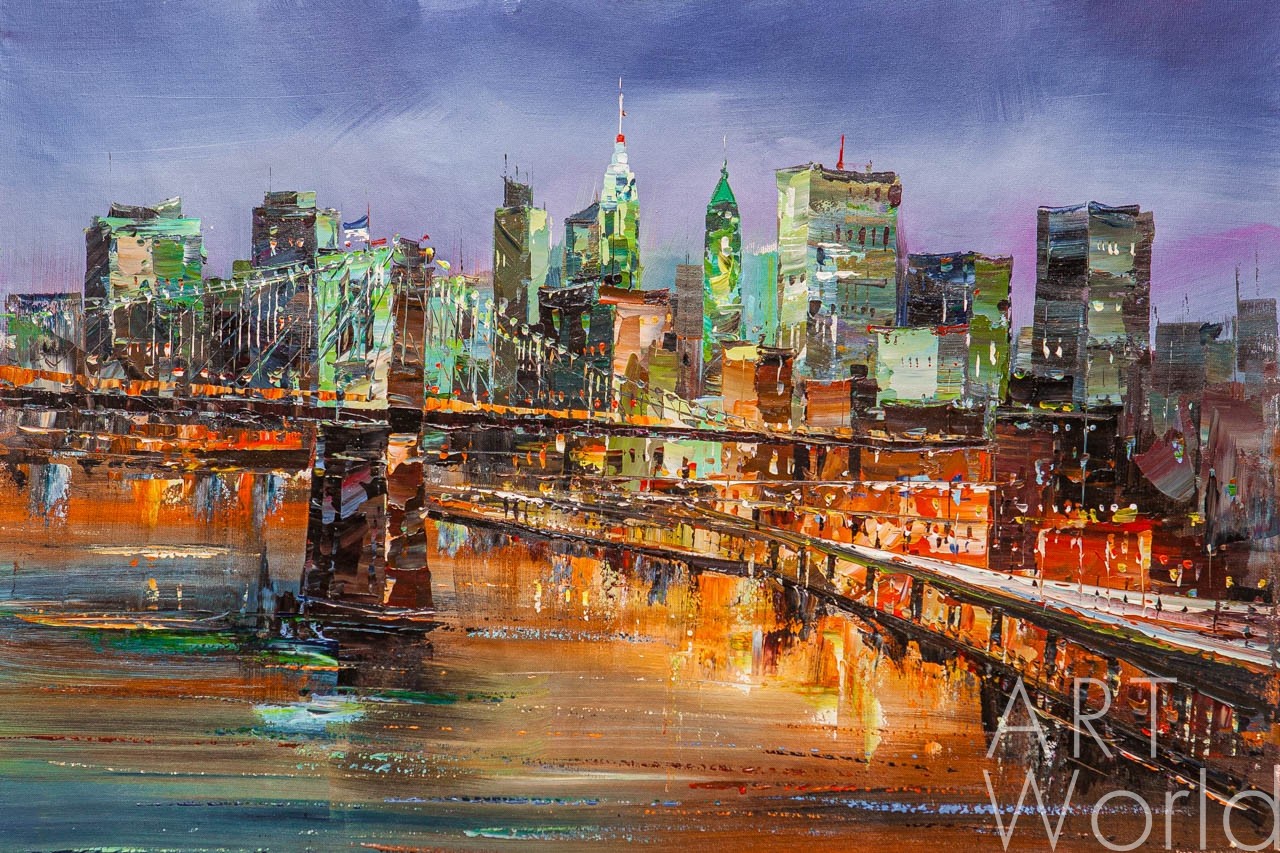 картина масло холст Картина маслом "Нью-Йорк. Вечерний вид на Бруклинский мост и пролив Ист-Ривер", Родригес Хосе, LegacyArt Артворлд.ру