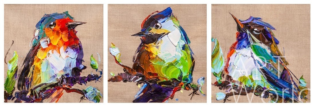 картина масло холст Картина маслом "Птички на удачу N6" Триптих, Родригес Хосе, LegacyArt Артворлд.ру