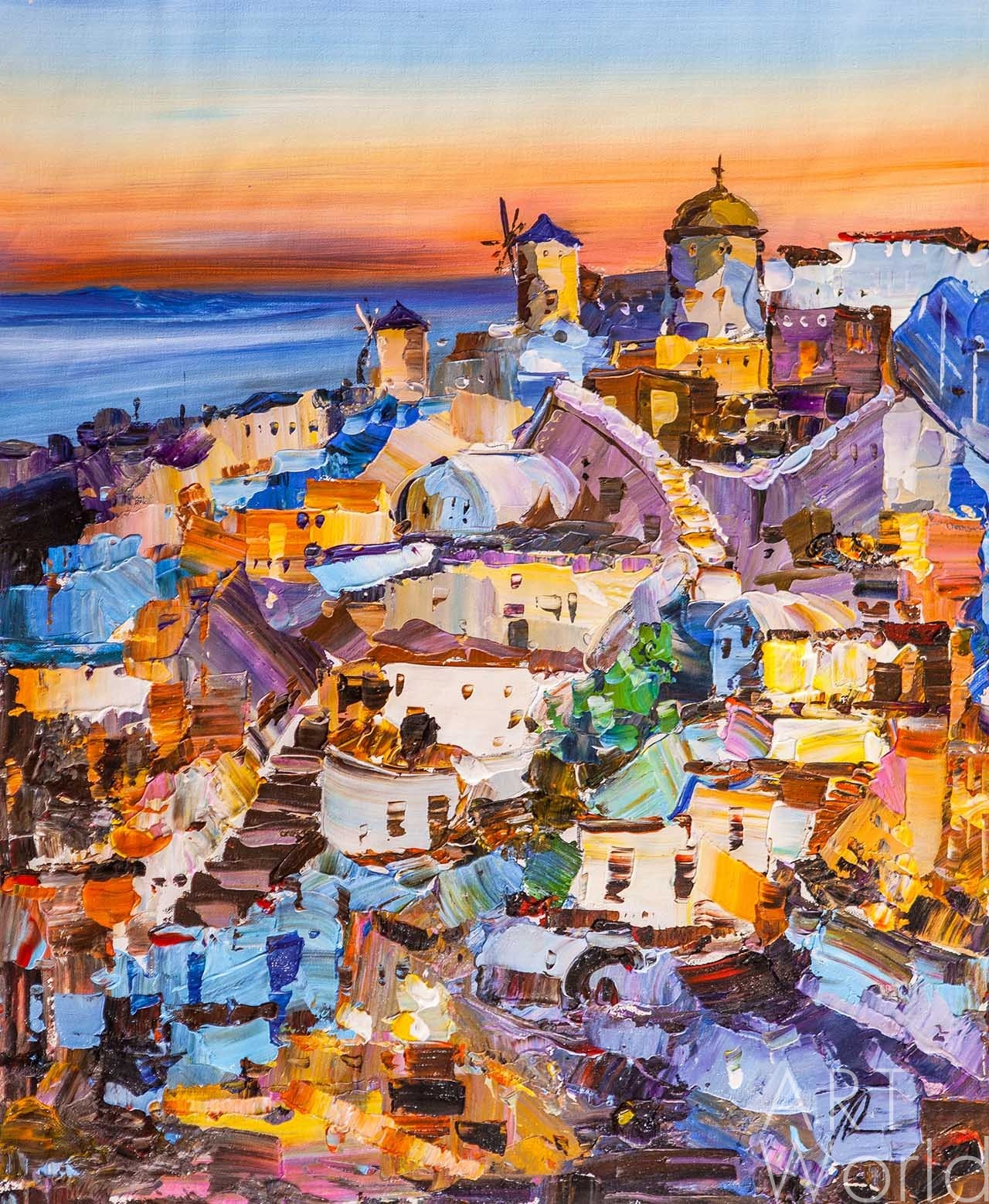 картина масло холст Средиземноморский пейзаж "Закат на Санторини N2", Родригес Хосе, LegacyArt