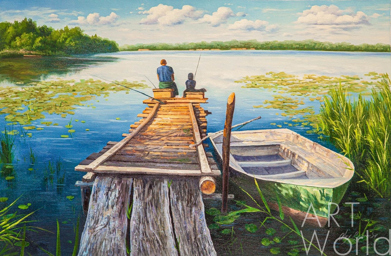 картина масло холст Картина маслом "Отец и сын на рыбалке", Ромм Александр, LegacyArt Артворлд.ру