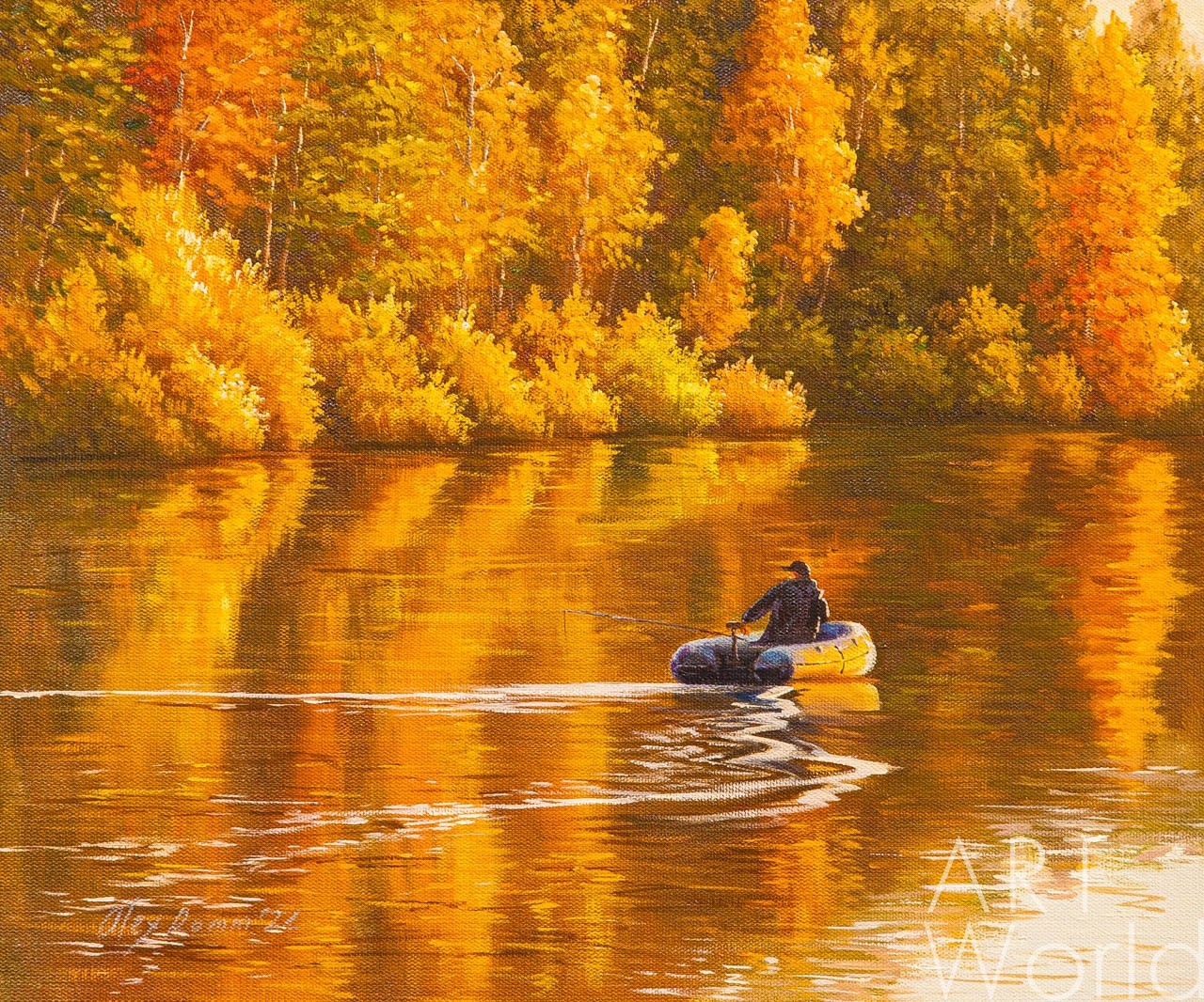 картина масло холст Пейзаж маслом "Рыбалка осенью на озере", Ромм Александр, LegacyArt