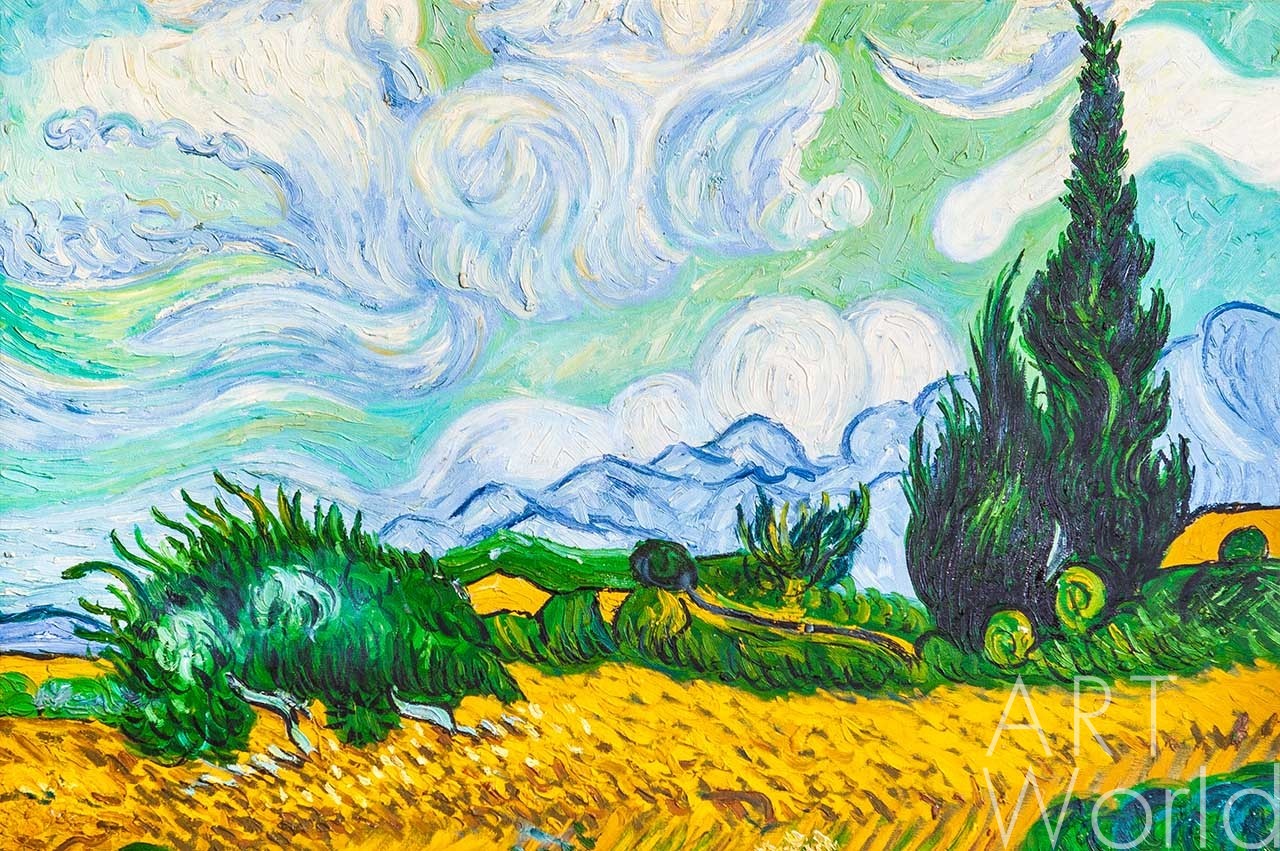 картина масло холст Копия картины Ван Гога "Пшеничное поле с кипарисами", 1889 г. (копия Анджея Влодарчика), Ван Гог (Vincent van Gogh) Артворлд.ру
