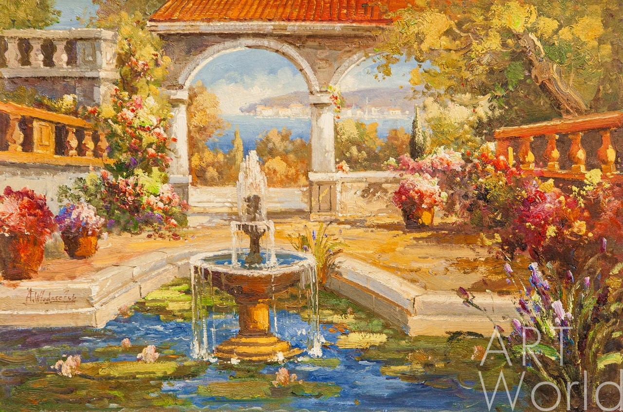 картина масло холст Картина маслом "Цветущий дворик и фонтан", Влодарчик Анджей, LegacyArt