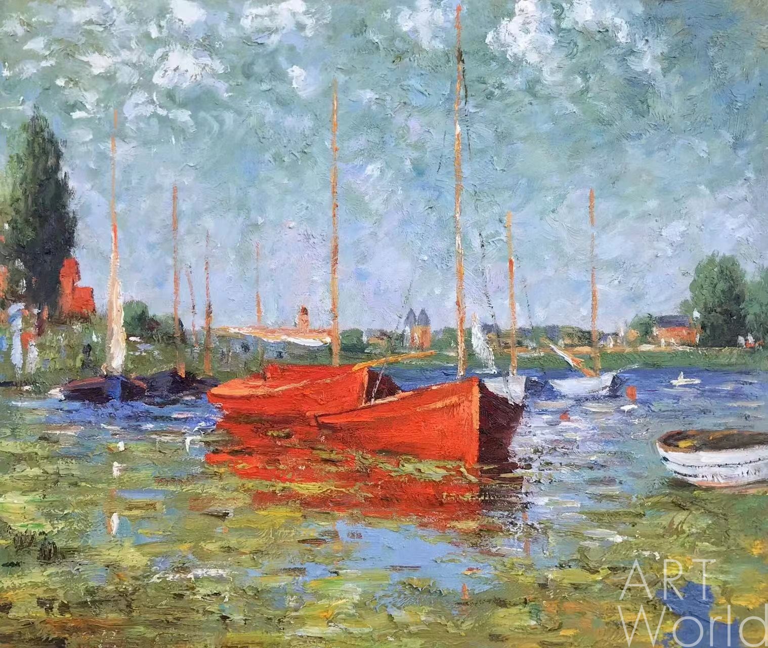 картина масло холст Копия картины "Красные лодки в Аржантее" (Red Boats at Argenteuil, 1875), копия С. Камского, Моне Клод (Oscar-Claude Monet) Артворлд.ру