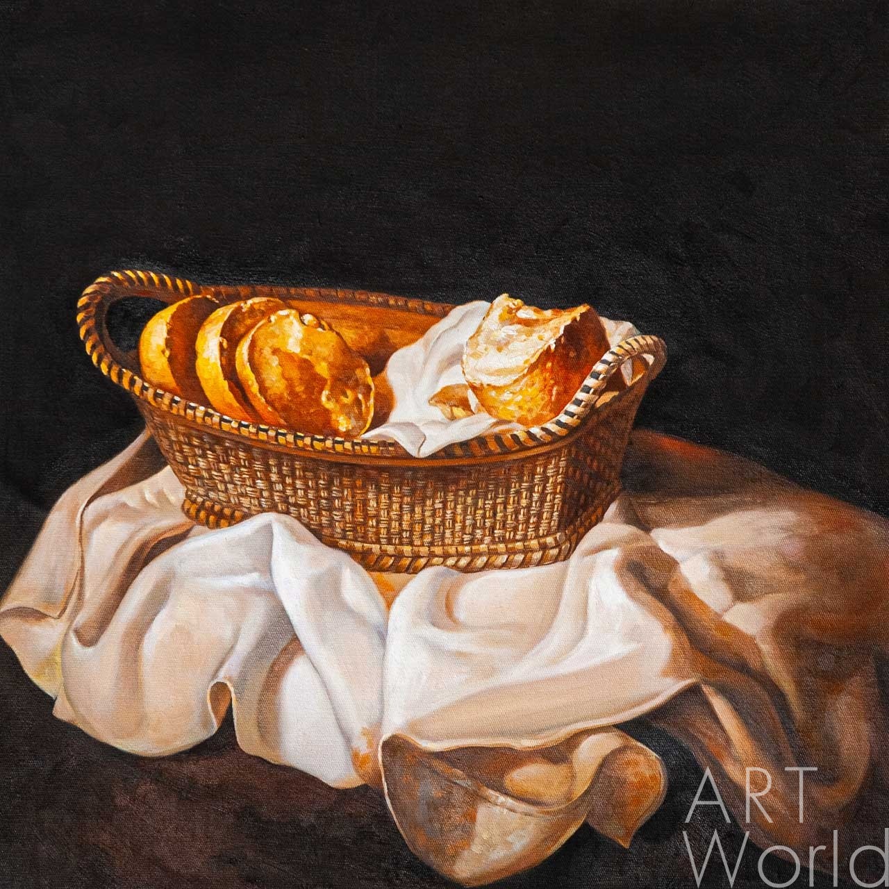 картина масло холст Копия картины Сальвадора Дали "Корзина с хлебом", 1926, худ. С.Камский, Дали Сальвадор (Salvador Dalí) Артворлд.ру