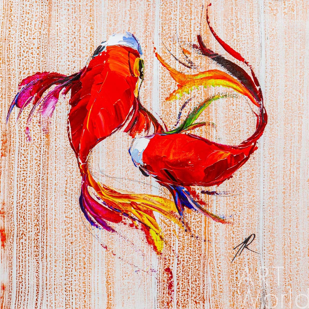 картина масло холст Картина маслом "Карпы Кои. Японская золотая рыбка на удачу N4" , Родригес Хосе, LegacyArt Артворлд.ру