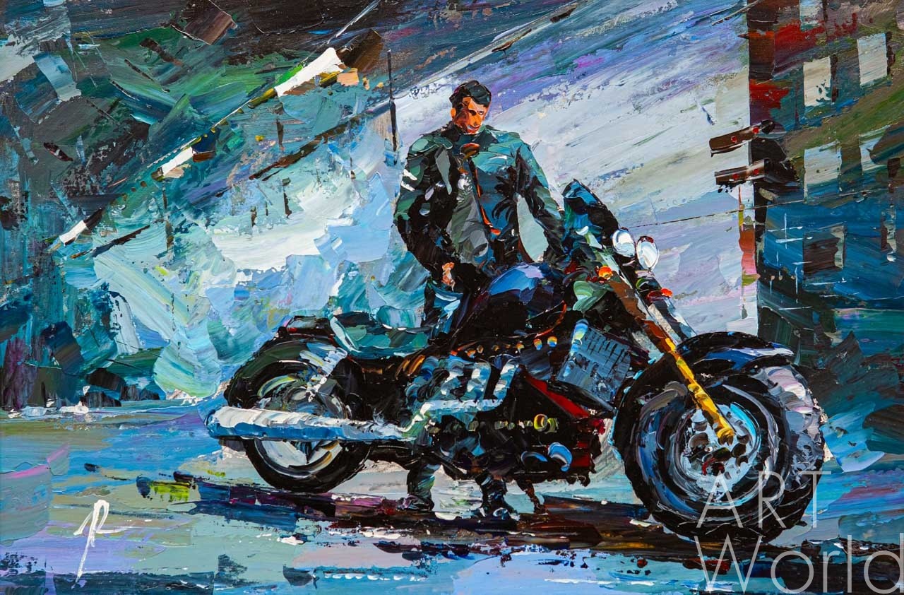 картина масло холст Картина маслом "Мотоциклист и чоппер", Родригес Хосе, LegacyArt Артворлд.ру