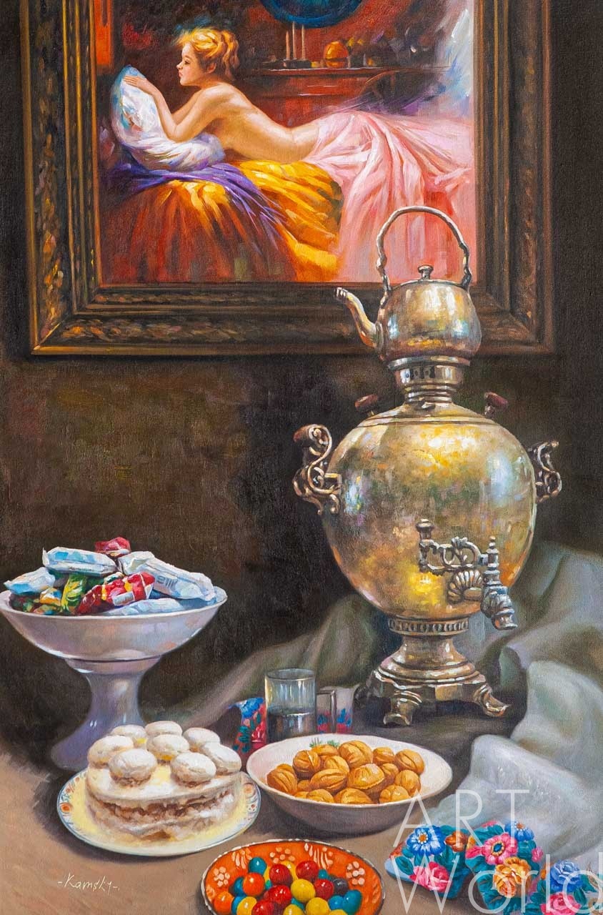 картина масло холст Картина маслом "Сладкое чаепитие с самоваром", Камский Савелий, LegacyArt Артворлд.ру