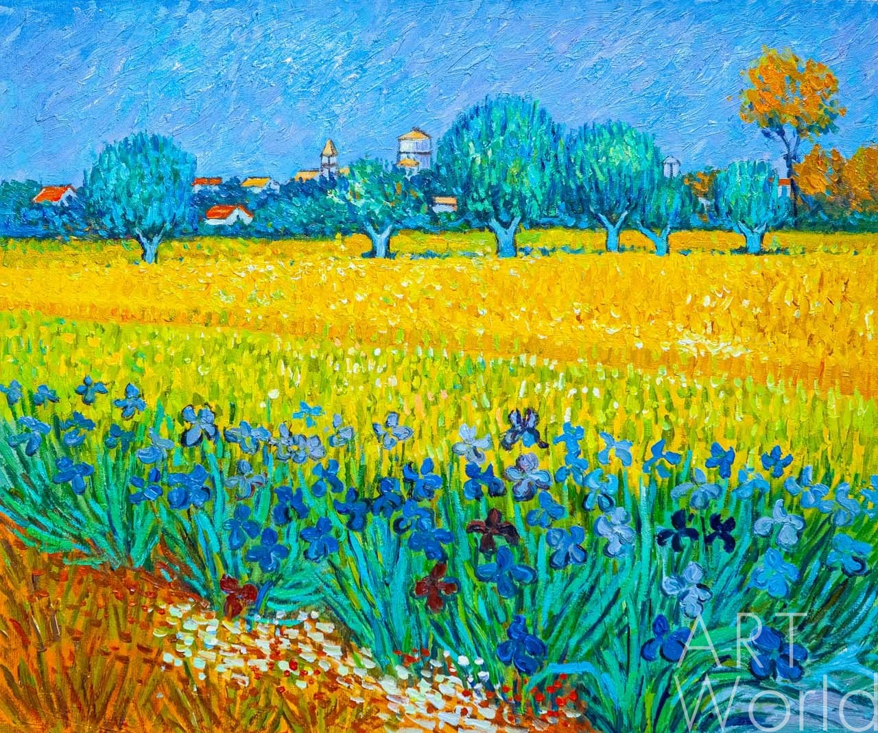 картина масло холст Копия картины Ван Гога "Вид на Арль с ирисами на переднем плане", художник Анджей Влодарчик, Ван Гог (Vincent van Gogh) Артворлд.ру