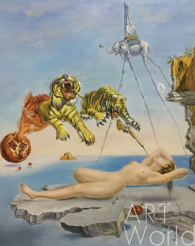картина масло холст Копия картины Сальвадора Дали "Сон, вызванный полетом пчелы вокруг граната за секунду до пробуждения", худ. С. Камский, Дали Сальвадор (Salvador Dalí) Артворлд.ру