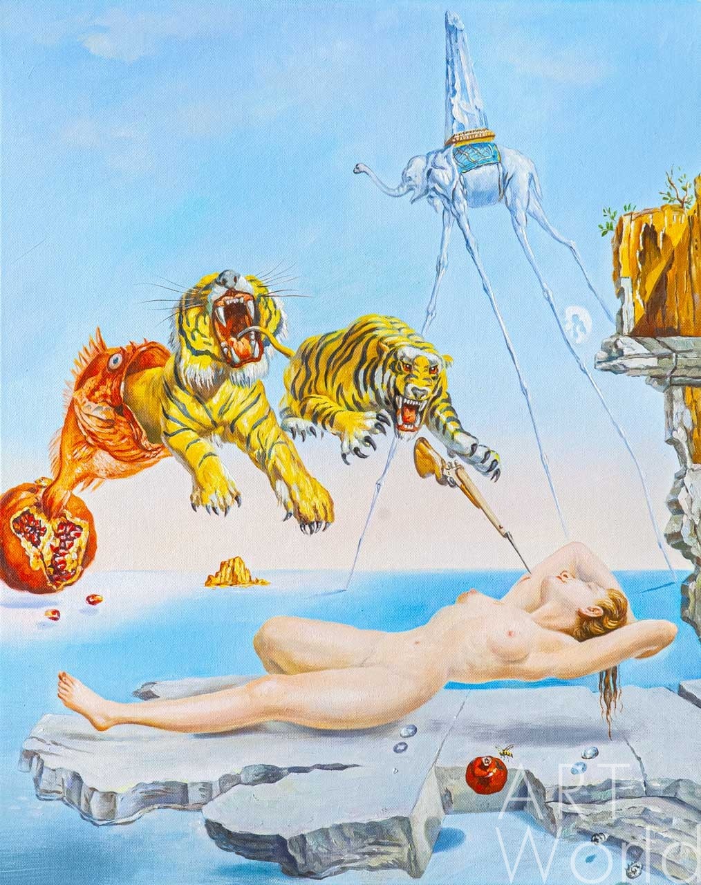 картина масло холст Копия картины Сальвадора Дали "Сон, вызванный полетом пчелы вокруг граната за секунду до пробуждения", худ. С. Камский, Дали Сальвадор (Salvador Dalí) Артворлд.ру