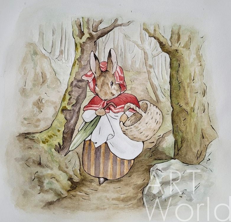 картина масло холст Иллюстрация "Зайчиха с корзинкой в лесу", Матвеева Анна, LegacyArt Артворлд.ру