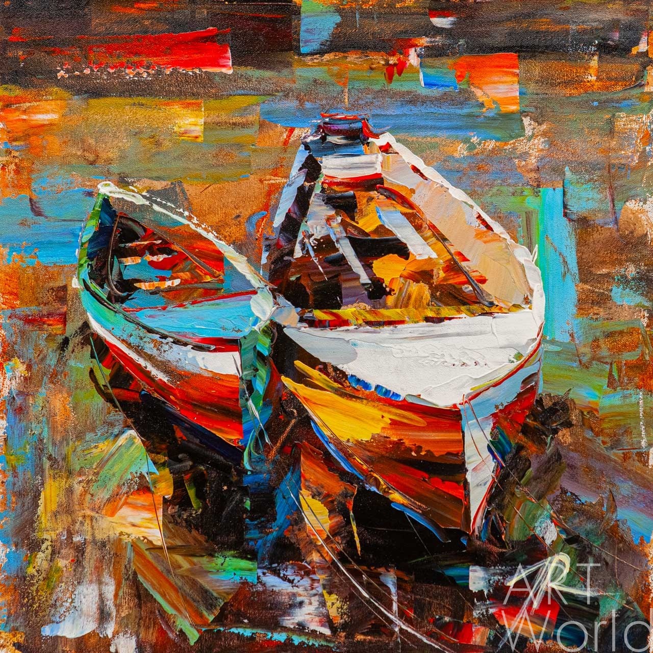 картина масло холст Морской пейзаж маслом "Лодки на воде N3", Родригес Хосе, LegacyArt Артворлд.ру
