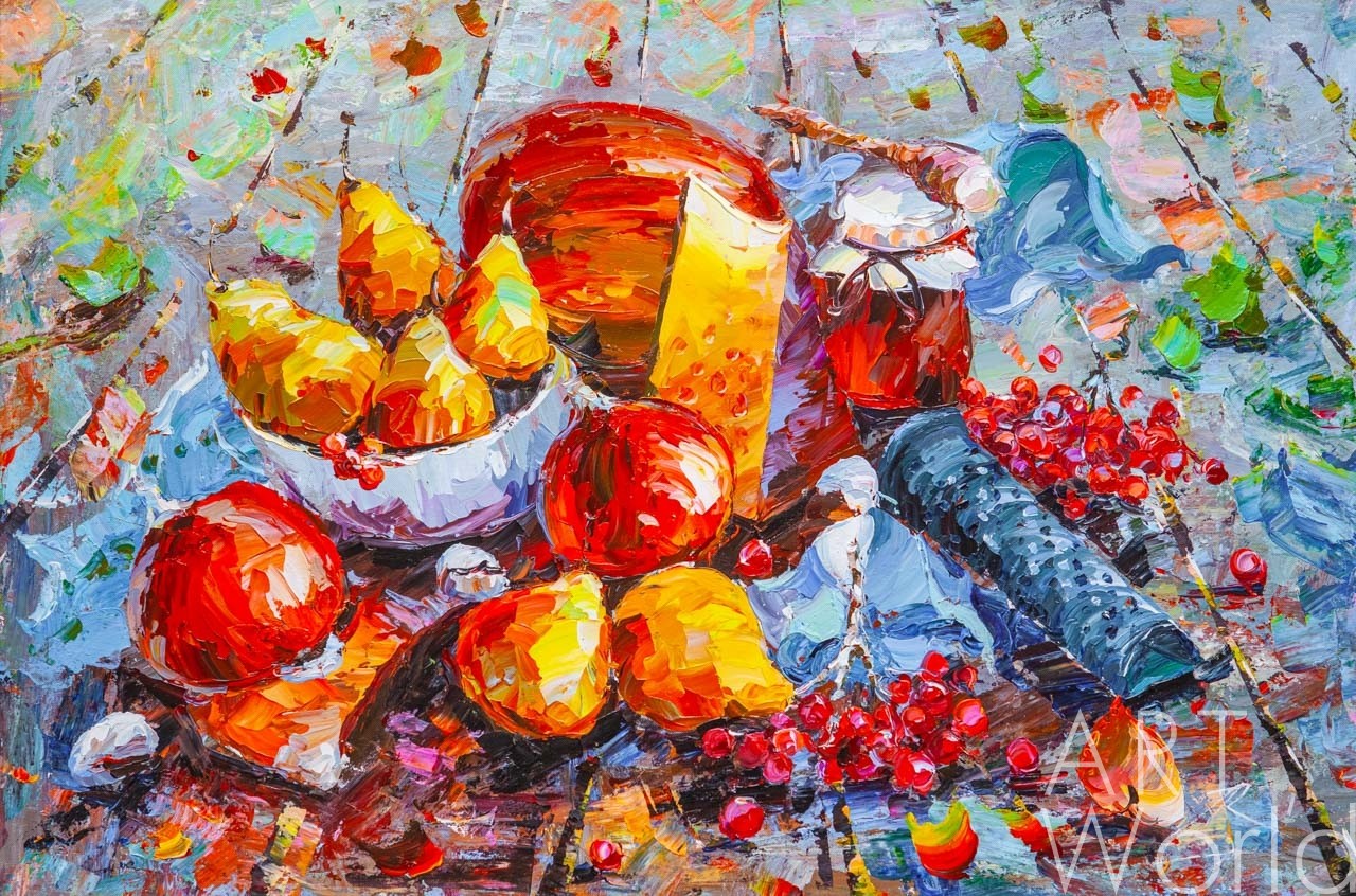 картина масло холст Картина маслом "Плоды осени. Натюрморт с яблоками, грушей, рябиной и мёдом", Родригес Хосе, LegacyArt Артворлд.ру