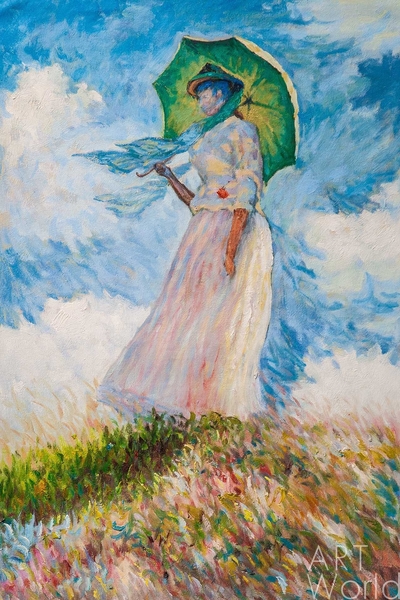 картина масло холст Копия картины Клода Моне "Дама с зонтиком, повернувшаяся налево", 1886 г. (худ. Савелия Камского), Моне Клод Артворлд.ру