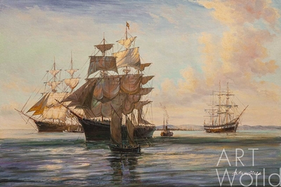 картина масло холст Морской пейзаж маслом "Корабли в штиль", Лагно Дарья, LegacyArt