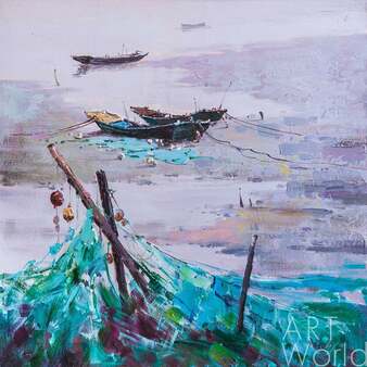 Картина маслом "Пейзаж с рыбацкими лодками в бирюзовых тонах" Артворлд.ру