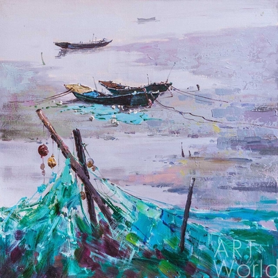 картина масло холст Картина маслом "Пейзаж с рыбацкими лодками в бирюзовых тонах", Гомеш Лия, LegacyArt Артворлд.ру