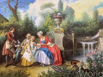 Копия картины Н. Ланкре "Дама в саду, дающая попробовать кофе детям", художник С. Камский Артворлд.ру