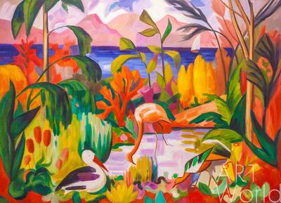 картина масло холст Копия картины Жана Метценже, "Цветной пейзаж с водными птицами", художник А. Ромм, Репродукции картин Артворлд.ру
