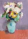 картина масло холст Натюрморт маслом "Букет с лилией и подсолнухом в синей вазе", Родригес Хосе, LegacyArt Артворлд.ру