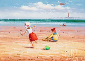 Картина маслом "Дети на пляже. За бумажным змеем N4" Артворлд.ру