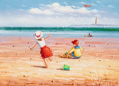 картина масло холст Картина маслом "Дети на пляже. За бумажным змеем N4", Потапова Мария Артворлд.ру
