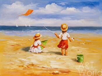 Картина в детскую "Дети на пляже. За бумажным змеем" Артворлд.ру